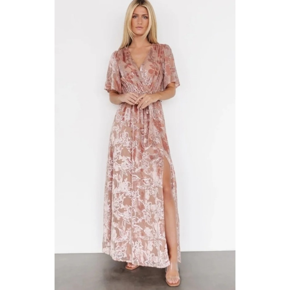 Baltic Born Uma Maxi Dress Women M Dusty Rose Floral Velvet Burnout Wrap V-Neck